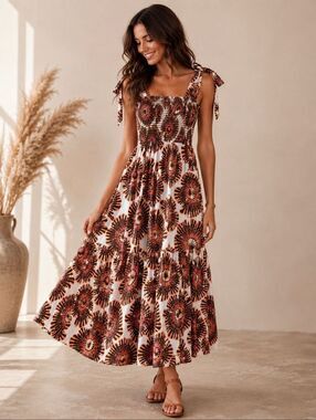 Omika Lana Maxi Dress Large Camille Fig Floral Ivory Brown Smocked Anthropologie